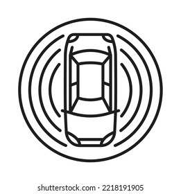 Self Driving Car And Driverless Vehicle Icon, Autonomous Digital Transport Vector Line Pictogram. Driverless Car Self Drive Ride With Adas Sensors, Automated Smart Road Traffic Technology Of Future