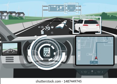 Self Driving Car With Head Up Display On A Road. Autonomous Driving. Inside View. Vector Illustration EPS 10