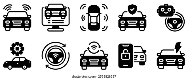 Colección sólida futurista del estilo del sistema del icono del coche de la conducción autónoma para los vehículos autónomos