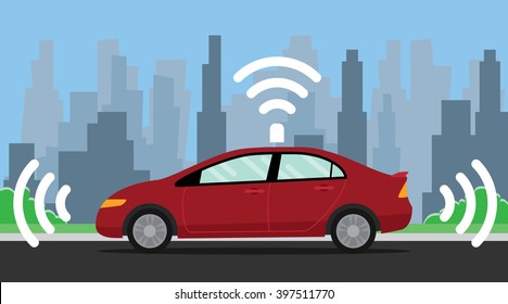 Self Driving Car Illustration With Red Color On The Road