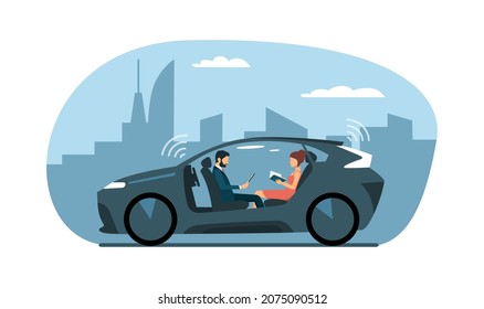 Self Driving Car With A Man And A Woman Rides Around The City. Vector Illustration.