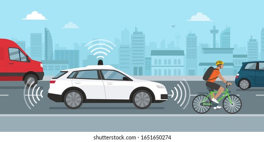 Self Driving Car Moving In The City Street Using GPS And Sensors, Automotive Technology Concept