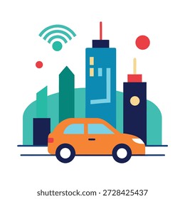 Self driving car navigating modern downtown area using autonomous technology