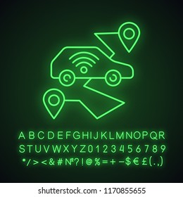 Self driving car neon light icon. Smart navigation. Setting pickup and drop off locations. Driverless auto route. Glowing sign with alphabet, numbers and symbols. Vector isolated illustration