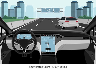 Self driving car on a road. Autonomous vehicle. Inside view. Vector illustration EPS 10