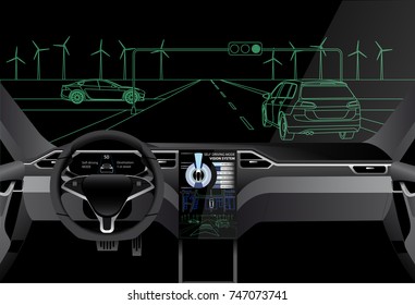 Self driving car on a road. Artificial intelligence of vehicle. Vector illustration EPS 10