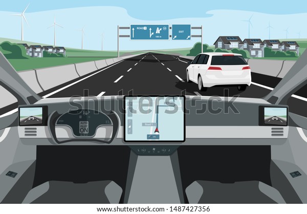 Self driving car on a road.\
Autonomous vehicle. Inside view. Vector illustration EPS\
10