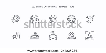 Self driving car technology icon set. Autonomous vehicle innovation for transportation with automation AI tech. Robot assistant eye tracking sleep driver and people cross the road for safety