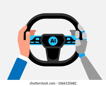 Self driving car vector illustration. Hands hold the steering wheel of the car. One hand of the man and one hand of the robot. Artificial intelligence on the road. 