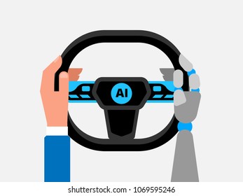 Self driving car vector illustration. Hands hold the steering wheel of the car. One hand of the man and one hand of the robot. Artificial intelligence on the road. 
