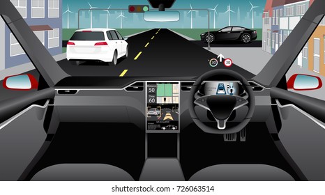 Self driving car without driver on a city street. Indoor view. Vector illustration.