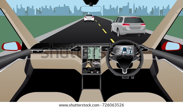 Self driving car without driver on a road.\
Indoor view. Vector\
illustration.