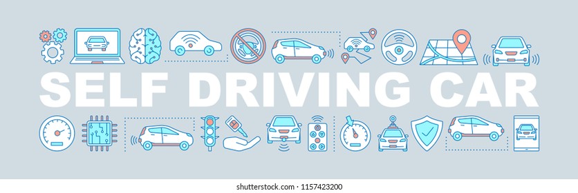 Self Driving Car Word Concepts Banner. Driverless Auto. Isolated Lettering Typography Idea With Linear Icons. Autonomous Automobile. Vector Outline Illustration