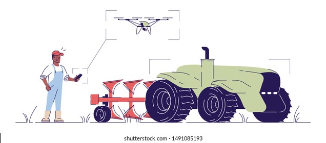 Self driving drone tractor flat illustration. Smart farming equipment, Iot in agriculture cartoon concept with outline. Agricultural machinery. Farmer character control driverless tractor with plough