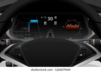Self driving electric car dashboard display closeup. Speedometer, navigation, battery level and efficiency indicator, autopilot symbol. Vector illustration.