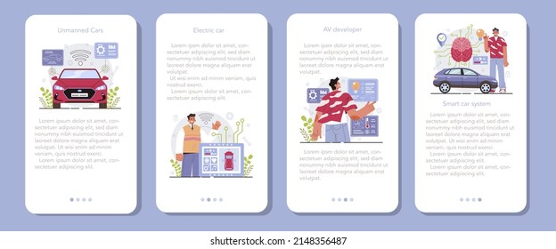 Self driving and electric car development mobile application banner set. Artificial intelligence for autonomus vehicle with GPS. Smart car system. Futuristic transportation. Flat vector illustration