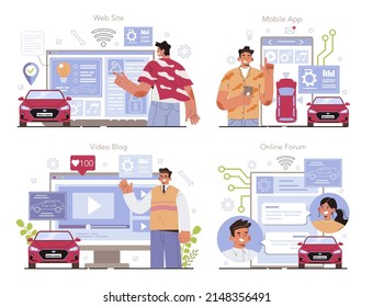 Self driving and electric car development online service or platform set. Artificial intelligence for autonomus vehicle with GPS. Online forum, video blog, mobile app, website. Vector illustration