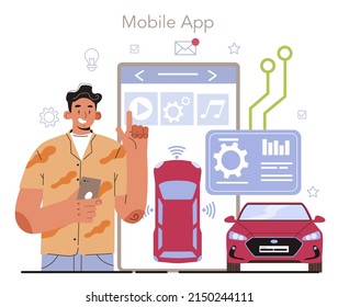 Self driving and electric car development online service or platform. Artificial intelligence for autonomus vehicle with GPS. Mobile app. Vector illustration