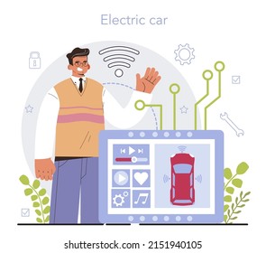 Self driving and electric car development. Artificial intelligence for autonomus vehicle with GPS. Smart car system. Futuristic transportation. Flat vector illustration