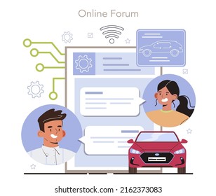 Auto-conducción y desarrollo de coches eléctricos servicio o plataforma en línea. Inteligencia artificial para vehículo autónomo con GPS. Foro en línea. Ilustración del vector