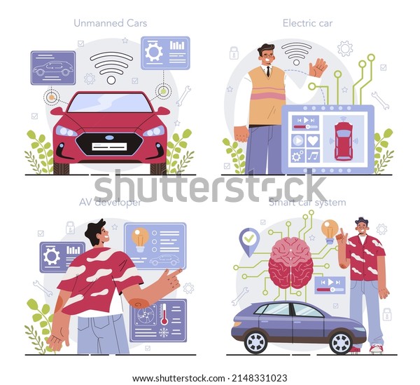 Self driving and\
electric car development set. Artificial intelligence for autonomus\
vehicle with GPS. Smart car system. Futuristic transportation. Flat\
vector illustration