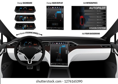 Self Driving Electric Car Interior Isolated On White. Set Of Design Elements. Vector Illustration EPS 10