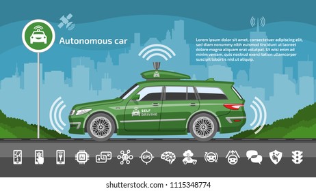 Self driving green station wagon car vector illustration. Smart autonomous sensor vehicle with icons and city background.