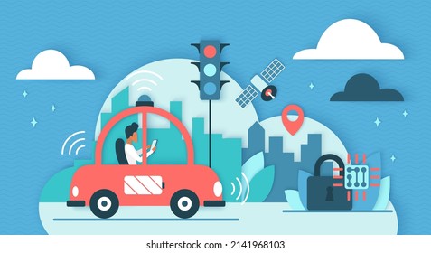 Self driving intelligent driverless car, futuristic autonomous automobile. Automatic control with automotive sensors of electric transport 3d flat vector illustration. Selfdriving on road, IoT concept