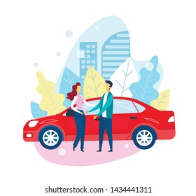 Self Driving Red Car Takes Man and Girl on Meeting. Flat Cartoon People in Love on Date. Autonomous Technologies in Human Life. Eco Electric Vehicles. Vector Plant Leaves and Cityscape Illustration