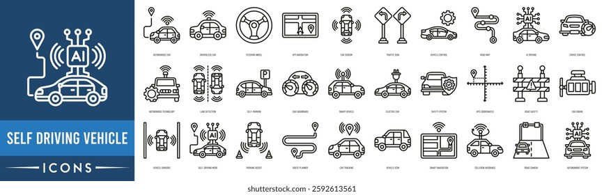 Self Driving Vehicle Icon. Autonomous Car, Driverless Car, Steering Wheel, GPS Navigation, Car Sensor, Traffic Sign and Vehicle Control