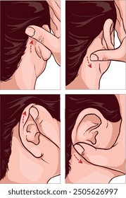 Self ear massage, . Female head profile. Vector. Isolated on white background. stock illustration