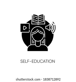 Self education black glyph icon. Skills development, personal growth. Online education, internet training courses silhouette symbol on white space. Student studies. Vector isolated illustration