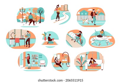 Self education. Cartoon trendy man and woman characters reading and learning at home in cafe and park. Vector home education collection