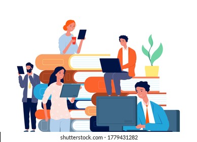 Self Education Concept. Students Prepare Exam, Reading Books And Online Courses. Distance Learning And Trainings Vector Illustration