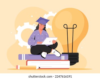 Self education concept. Young girl in graduation cap sits on book against background of electric light bulb. Learning, training and self development, useful hobby. Cartoon flat vector illustration
