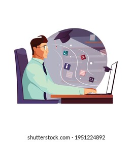 Self education flat composition with adult studying on computer vector illustration