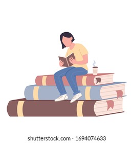 Self education flat concept vector illustration. Young girl, college pupil studying hard 2D cartoon character for web design. Literature hobby, academic exams preparation creative idea