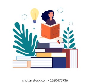 Self Education. Girl Reading Book, Study And Gain New Knowledge. Woman Learns From Textbooks. Business Studying, Have New Idea Vector Concept