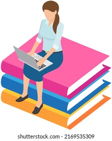 Self education, girl reading book, study and gain new knowledge. Student sitting on pile of textbooks. Concept of online courses, distance studying, self education, digital library, e-learning