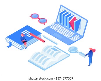 Self Education Isometric Vector Concept. Ebooks Reading, Online Library, E Learning 3d Illustrations. Students Studying, Working With Laptop, Doing Scientific Research Isolated Design Elements