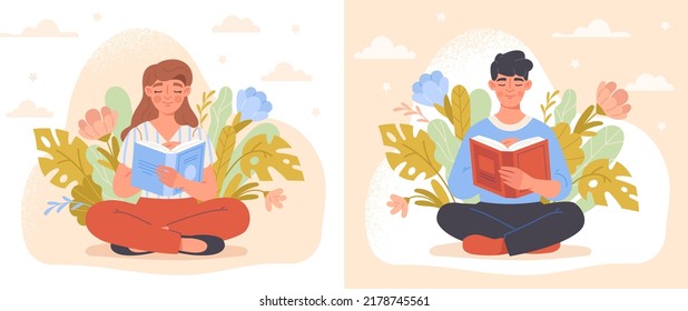 Self education and knowledge improvement concept. Set of smiling men and women sitting in flowers and reading interesting books. Study of literature or science. Cartoon flat vector collection