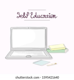 Self education lettering. Card template. Laptop, book, notebook. Internet education