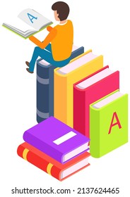 Self education, man reading book, study and gain new knowledge. Student sitting on stack of textbooks. Concept of online courses, distance studying, self education, digital library, e-learning