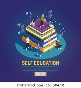 Self education for personal development isometric design with people reading studying on big books pile vector illustration 