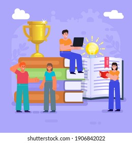 Self education, read book in library. Group of students stand near big stack of books. Modern vector illustration