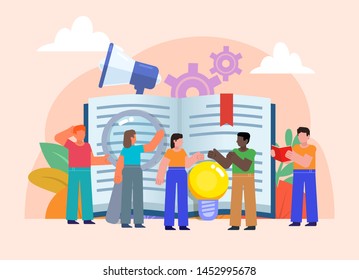 Self education, read more books concept. People stand near big book. Poster for social media, web page, banner, presentation. Flat design vector illustration