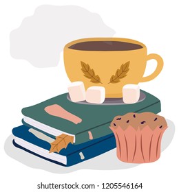 Self education or reading vector concept with books, hot drink and sweets. Hygge illustration for print, poster, cards. Cup of tea or coffee and books isolated on white background