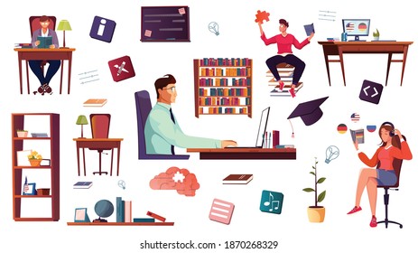 Self education set of flat isolated icons human characters and images of home and classroom furniture vector illustration