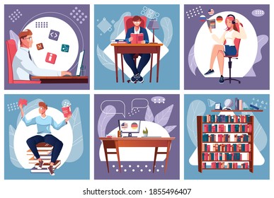 Self education set of square compositions with flat icons pictograms book case and doodle human characters vector illustration