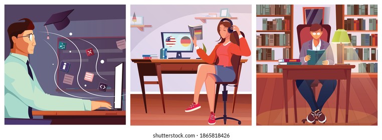 Self education set of square compositions with indoor views of people reading books learning language skills vector illustration